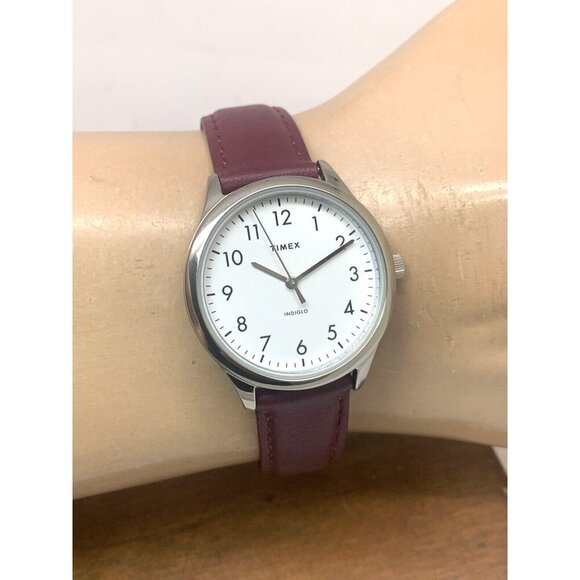 Timex Women's Watch TW2V36100 Indiglo Quartz Silver Dial Burgundy Leather 33mm - Picture 12 of 15